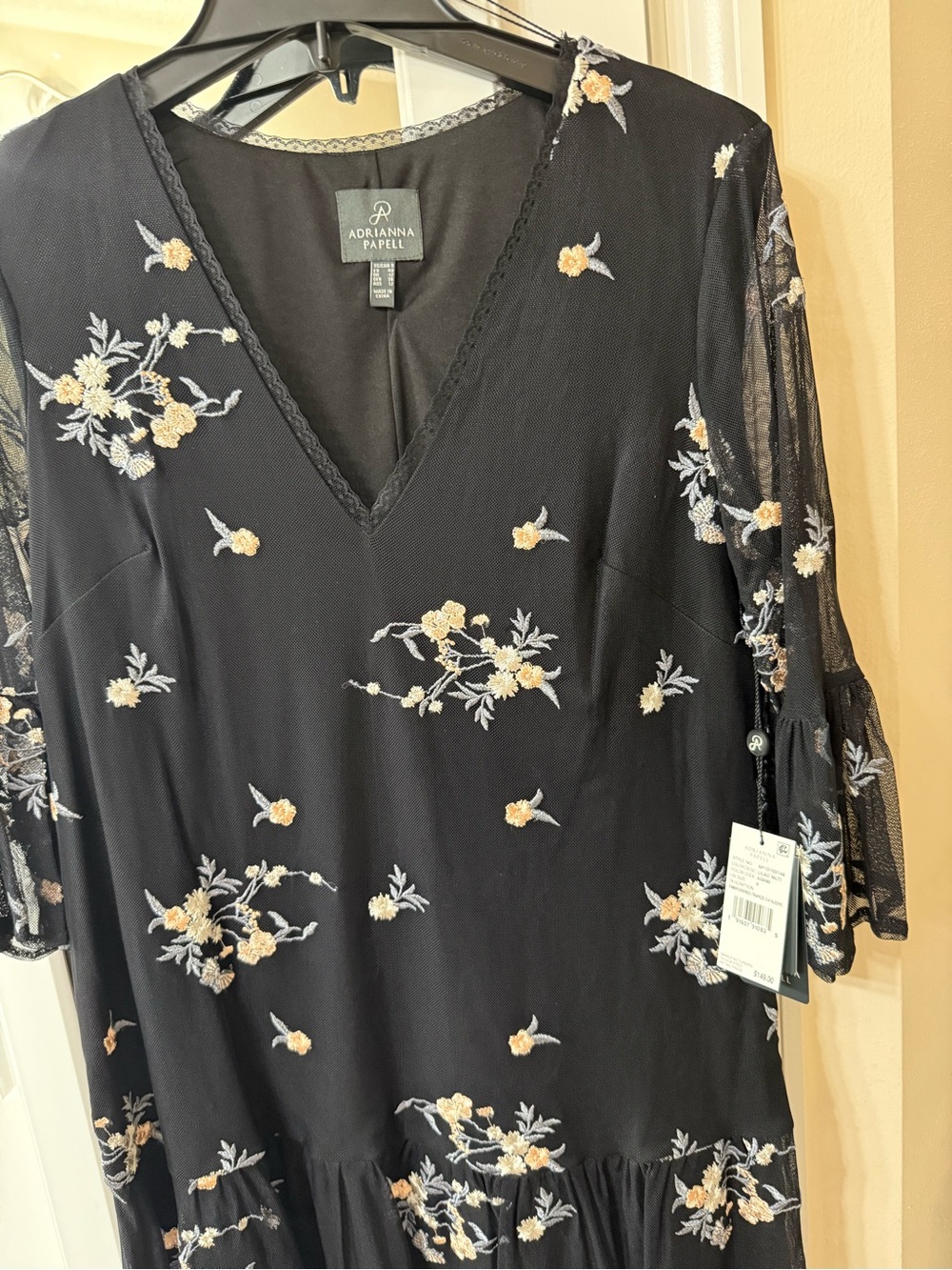 Adrianna Papell Black Floral Embroidered V-Neck Dress
